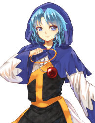 Rule 34 | 1girl, arm up, bad id, bad pixiv id, blue eyes, blue hair, eyelashes, highres, hood, hoop, jewelry, kesa, kumoi ichirin, lips, long sleeves, looking at viewer, matching hair/eyes, pendant, revision, shippou (pattern), short hair, simple background, smile, solo, touhou, weapon, white background, wide sleeves, x&amp;x&amp;x