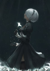 Rule 34 | 1girl, black dress, black gloves, black hairband, black thighhighs, breasts, closed mouth, commentary request, dress, facing away, flower, from side, gloves, glowing, hairband, highres, holding, holding flower, juliet sleeves, long sleeves, marumoru, medium breasts, nier (series), nier:automata, puffy sleeves, short hair, silver hair, solo, standing, thighhighs, white flower, 2b (nier:automata)