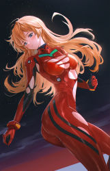 Rule 34 | 1girl, ass, blue eyes, bodysuit, breasts, cleavage, curvy, evangelion: 3.0+1.0 thrice upon a time, hair down, highres, huge ass, long hair, looking at viewer, medium breasts, mhk (mechamania), neon genesis evangelion, night, night sky, orange hair, plugsuit, rebuild of evangelion, red bodysuit, shiny clothes, sky, solo, souryuu asuka langley, star (sky), starry sky, thighs, torn bodysuit, torn clothes, very long hair, wide hips
