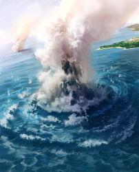 Rule 34 | geyser, kamoi kouji, no humans, ocean, pixiv fantasia, pixiv fantasia 4, scenery, smoke, volcano, water, waves