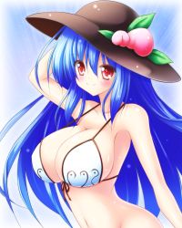 Rule 34 | 1girl, bikini, bikini top only, blue hair, bottomless, breasts, cleavage, collarbone, female focus, food, fruit, hat, highres, hinanawi tenshi, large breasts, long hair, navel, osashin (osada), out-of-frame censoring, peach, red eyes, smile, solo, swimsuit, touhou, very long hair