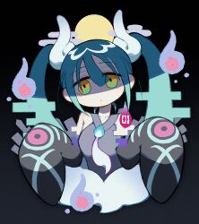 Rule 34 | 1girl, aqua hair, bare shoulders, breasts, creatures (company), cropped torso, detached sleeves, egasumi, full moon, game freak, ghost miku (project voltage), grey shirt, hair ornament, hands up, hatsune miku, highres, hitodama, long hair, moon, nintendo, pokemon, project voltage, revi 616, shaded face, shirt, sidelocks, sleeveless, sleeveless shirt, sleeves past fingers, sleeves past wrists, small breasts, solo, twintails, upper body, vocaloid, yellow eyes