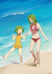 Rule 34 | 2girls, aira (grandia), barefoot, beach, breasts, closed mouth, full body, grandia, grandia ii, green hair, highres, long hair, mother and daughter, multiple girls, navel, open mouth, short hair, smile, squid neetommy, swimsuit, water