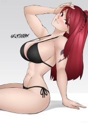 Rule 34 | 1girl, abs, arm support, arm tattoo, arms behind back, artist name, bikini, black bikini, breasts, cleavage, erza scarlet, fairy tail, flytrapxx, grey background, halterneck, hand in own hair, highres, large breasts, navel, ponytail, red eyes, red hair, side-tie bikini bottom, smile, solo, string bikini, swimsuit, tattoo, thighs, twitter username