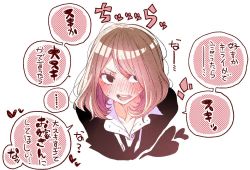 Rule 34 | 1girl, black eyes, blush, brown hair, heart, looking at viewer, nose blush, open mouth, original, shunsuke, simple background, solo, speech bubble, sweat, translation request, upper body, white background