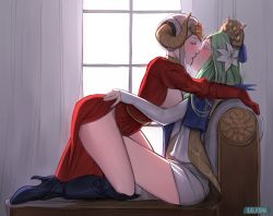 Rule 34 | 2girls, absurdres, blue footwear, boots, breasts, breasts out, commentary, commission, curtains, dress, edelgard von hresvelg, english commentary, closed eyes, fake horns, fire emblem, fire emblem: three houses, flower, gloves, green hair, hair flower, hair ornament, high heel boots, high heels, highres, horned headwear, horns, kalruna, kiss, knee boots, long hair, long sleeves, medium breasts, multiple girls, nintendo, red dress, red gloves, rhea (fire emblem), sitting, straddling, thighs, tiara, white dress, white hair, window, yuri