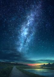 Rule 34 | cloud, commentary, galaxy, gradient sky, grass, highres, landscape, mks, mountainous horizon, night, night sky, no humans, orange sky, original, outdoors, reflection, rice paddy, road, rural, scenery, sky, star (sky), starry sky, sunrise, tree, water, yellow sky