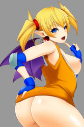 Rule 34 | 1girl, arcana heart, arcana heart 2, ass, bare shoulders, blonde hair, blue eyes, breasts, demon girl, demon wings, elbow pads, examu, fangs, fingerless gloves, from behind, gloves, grey background, lilica felchenerow, looking back, naked shirt, nipples, no panties, open mouth, pointy ears, shirt, short hair, simple background, smile, solo, tomatto (@ma!), twintails, wings