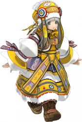 Rule 34 | 1girl, boots, bow, brown footwear, expressionless, full body, green eyes, grey hair, hat, long hair, looking at viewer, official art, relia (star ocean), robe, solo, star ocean, star ocean integrity and faithlessness, walking, yasuda akira, yellow bow