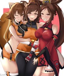 Rule 34 | 3girls, absurdres, animal ears, artist name, bandages, bare shoulders, blazblue, blush, breast press, breasts, brown eyes, brown hair, buttons, chinese clothes, commentary, company connection, dnf duel, dress, dungeon and fighter, fighter (dungeon and fighter), fingerless gloves, gloves, gradient hair, guilty gear, hair ornament, hairclip, highres, kuradoberi jam, large breasts, long hair, makoto nanaya, midriff, multicolored hair, multiple girls, one eye closed, open mouth, pants, parted lips, scrapy, shiny clothes, short dress, short hair, shorts, signature, skin tight, sleeveless, squirrel ears, squirrel tail, striker (dungeon and fighter), tail, teeth, thighs, tongue, tongue out, trait connection, two-tone hair, wide sleeves
