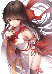 Rule 34 | 1girl, absurdres, black thighhighs, blush, breasts, brown hair, chinese clothes, de da xianyu, detached sleeves, dress, floating hair, hair between eyes, hand on own chest, hanfu, highres, leaning forward, long hair, looking at viewer, medium breasts, original, parted lips, red eyes, ribbon trim, side slit, simple background, solo, tassel, tears, thighhighs, very long hair, white background, white dress