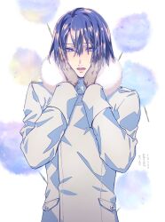 Rule 34 | 1boy, blue eyes, blue hair, blush, breath, bright pupils, brown gloves, coat, cold, cotton candy, food-themed background, fur-trimmed coat, fur trim, gloves, hair between eyes, hands on own cheeks, hands on own face, hijirikawa masato, looking at viewer, lower teeth only, male focus, meromizawa, mole, mole under eye, parted lips, short hair, sleeve cuffs, solo, straight hair, teeth, upper body, uta no prince-sama, white background, white coat, white pupils