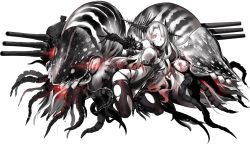 Rule 34 | 1girl, abyssal ship, batavia princess, bracer, breasts, colored skin, gauntlets, glowing, glowing eyes, headgear, kantai collection, kneeling, long hair, nautilus (animal), official art, outstretched arm, red eyes, sideboob, solo, spread fingers, thighhighs, thighs, torn clothes, torn thighhighs, transparent background, turret, underboob, very long hair, white skin, zeco