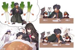 Rule 34 | 2boys, 4girls, ahoge, black bow, black hair, black scarf, bow, dog, eating, family crest, fate/grand order, fate (series), hair bow, hair ornament, hat, jacket, japanese clothes, kimono, long hair, long sleeves, looking at another, looking at viewer, lying, military, military hat, military uniform, multiple boys, multiple girls, oda nobunaga (fate), oda nobunaga (koha-ace), oda uri, okada izou (dog) (fate), okada izou (fate), okita souji (fate), okita souji (koha-ace), okita souji alter (fate), omi (tyx77pb r2), on back, open mouth, oryou (fate), pen, pink eyes, ponytail, red scarf, sakamoto ryouma (fate), scarf, sleeping, sweatdrop, tassel, uniform, white hat, white jacket