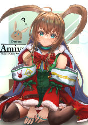 Rule 34 | 1girl, ?, absurdres, ahoge, alternate costume, amiya (arknights), animal ears, aqua eyes, arknights, bare shoulders, black thighhighs, blue choker, blush, bow, bowtie, brown hair, character name, choker, closed mouth, clothes writing, coat, commentary request, fur-trimmed coat, fur-trimmed skirt, fur-trimmed sleeves, fur trim, green shirt, highres, kurosabi neko, large ears, long hair, long sleeves, looking at viewer, merry christmas, miniskirt, open clothes, open coat, rabbit, rabbit ears, red bow, red bowtie, red coat, red skirt, shirt, sidelocks, sitting, skirt, solo, thighhighs, very long hair, wariza