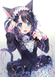 Rule 34 | 10s, 1girl, :d, animal ears, arm up, bell, black dress, black nails, blue eyes, blush, cat ears, cat tail, confetti, cowboy shot, cyan (show by rock!!), dress, drill hair, eyebrows, fang, frilled dress, frills, hand up, jingle bell, long sleeves, looking at viewer, maid headdress, momoshiki tsubaki, nail polish, open mouth, short hair, show by rock!!, simple background, smile, solo, tail, tareme, white background