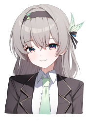 Rule 34 | 1girl, absurdres, alternate costume, black coat, black eyes, black hairband, closed mouth, coat, commentary request, firefly (honkai: star rail), gnns, green necktie, grey hair, hair intakes, hair ornament, hairband, highres, honkai: star rail, honkai (series), light blush, long hair, looking at viewer, multicolored eyes, necktie, shirt, simple background, smile, solo, upper body, white background, white shirt