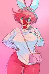 Rule 34 | 1girl, absurdres, animal ears, bag, blue eyes, breasts, elphelt valentine, guilty gear, guilty gear xrd, hairband, hand on own hip, handbag, highres, holding, holding phone, large breasts, looking at viewer, pants, phone, pink hair, pink pants, rabbit ears, selfie, short hair, solo, spiked hairband, spikes, sweater, taobaka, white sweater