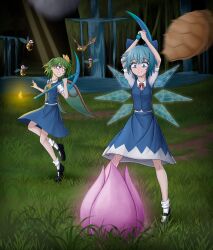 Rule 34 | 2girls, absurdres, bat (animal), bee, black footwear, blue eyes, blue hair, bug, cirno, closed mouth, commentary, daiyousei, dress, english commentary, fairy wings, full body, grass, green eyes, green hair, grummsed, highres, holding, holding pickaxe, ice, ice wings, insect, medium dress, motion blur, multiple girls, pickaxe, plantera, smile, socks, terraria, torch, touhou, turtle, underground, water, waterfall, white socks, wings