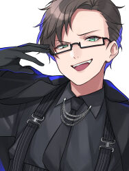 Rule 34 | 1boy, adjusting eyewear, brown hair, chain, collared shirt, glasses, gloves, green eyes, hand on eyewear, highres, hypnosis mic, iruma jyuto, jacket, jacket on shoulders, kishinaito, looking at viewer, male focus, necktie, open mouth, shirt, short hair, solo, striped suspenders, suspenders, upper body, v-shaped eyebrows