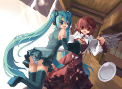 Rule 34 | 2girls, aqua hair, breasts, crossover, grabbing, grabbing another&#039;s breast, hatsune miku, long hair, multiple girls, mystia lorelei, panties, pantyshot, small breasts, striped clothes, striped panties, thighhighs, touhou, twintails, underwear, very long hair, vocaloid