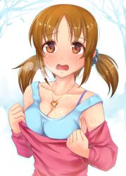 Rule 34 | 10s, 1girl, blush, breasts, brown hair, cleavage, collarbone, efyuru, heart, heart necklace, holding, idolmaster, idolmaster cinderella girls, looking at viewer, necklace, open mouth, peaked eyebrows, raised eyebrows, solo, tank top, totoki airi, twintails