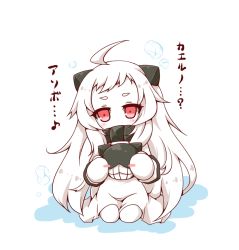 Rule 34 | 10s, 1girl, abyssal ship, ahoge, colored skin, dress, horns, kantai collection, long hair, looking at viewer, mittens, neko yume, northern ocean princess, pale skin, red eyes, sitting, solo, translation request, white background, white dress, white hair, white mittens, white skin