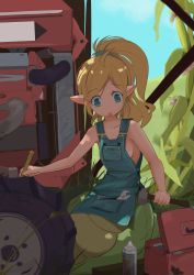 Rule 34 | 1girl, bare shoulders, blonde hair, blue eyes, blue overalls, blush, breasts, female focus, hammer, highres, jashin-chan, jashin-chan dropkick, lamia, minos drawfag, monster girl, naked overalls, no bra, open mouth, outdoors, overalls, pointy ears, ponytail, sideboob, small breasts, solo, source request, toolbox, tools, tractor, wrench