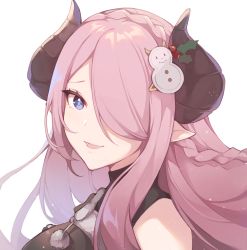 Rule 34 | 1girl, bad id, bad pixiv id, blue eyes, draph, granblue fantasy, hair ornament, highres, horns, long hair, looking at viewer, narmaya (granblue fantasy), open mouth, pink hair, pointy ears, saibe, simple background, smile, solo, upper body, white background