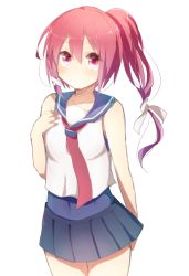Rule 34 | 10s, 1girl, adapted costume, bare shoulders, blue skirt, covered navel, cowboy shot, crop top, hair ribbon, harusawa, i-168 (kancolle), kantai collection, long hair, low-tied long hair, neckerchief, pleated skirt, ponytail, red eyes, red hair, ribbon, sailor collar, school uniform, serafuku, shirt, simple background, skirt, sleeveless, sleeveless shirt, solo, swimsuit, swimsuit under clothes, white background
