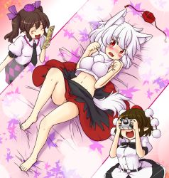 Rule 34 | 3girls, :3, animal ears, bare shoulders, barefoot, bed, blush, blush stickers, breasts, brown hair, camera, cellphone, colored eyelashes, closed eyes, fang, groin, hat, heart, himekaidou hatate, inubashiri momiji, lying, midriff, multiple girls, navel, on back, open mouth, panties, phone, photo (medium), pointy ears, pom pom (clothes), shameimaru aya, short hair, silver hair, skirt, tail, taking picture, tanasuke, tears, tokin hat, touhou, twintails, underwear, colored eyelashes, wolf ears, wolf tail