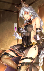Rule 34 | 1girl, abo (hechouchou), animal ears, backless outfit, bare shoulders, black dress, black panties, black thighhighs, blush, braid, breasts, brown eyes, chain, champagne flute, cup, dress, drinking glass, elbow gloves, erune, fishnet thighhighs, fishnets, frilled dress, frills, gloves, granblue fantasy, hair over one eye, hair tubes, halterneck, heles, heles (irestill evening dress) (granblue fantasy), highres, hip focus, holding, indoors, large breasts, lips, long hair, looking at viewer, low-tied long hair, panties, parted lips, side-tie panties, side slit, silver hair, single braid, smile, solo, teeth, thighhighs, thighs, underwear, very long hair, white gloves