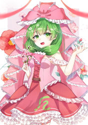 Rule 34 | 1girl, :d, absurdres, adapted costume, ametama (runarunaruta5656), blurry, commentary request, depth of field, green eyes, green hair, highres, kagiyama hina, long hair, looking at viewer, multicolored nails, nail polish, open mouth, simple background, smile, solo, touhou, white background