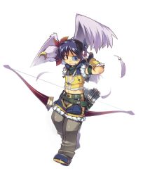Rule 34 | 1boy, arrow (projectile), bird, blue hair, bow (weapon), eagle, fingerless gloves, gloves, male focus, midriff, mil (xration), pants, quiver, ragnarok online, scarf, scouter, short hair, shorts, sniper (ragnarok online), solo, weapon