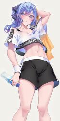 Rule 34 | 1girl, arm up, black shorts, black straps, blue eyes, blue hair, bottle, character name, collarbone, commentary request, crop top, cropped shirt, double-parted bangs, feet out of frame, from below, hair between eyes, highres, holding, holding bottle, holding towel, hololive, hololive dance practice uniform, hoshimachi suisei, looking at viewer, midriff, official alternate costume, omoti (1201208), open mouth, plastic bottle, ponytail, shirt, short sleeves, shorts, simple background, skin tight, solo, stomach, sweat, tank top, towel, virtual youtuber, water bottle, wavy hair, white background, white shirt, white wristband, yellow towel