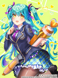 Rule 34 | 1girl, blue hair, blue skirt, blush, character request, checkered clothes, checkered skirt, esphy, frilled skirt, frills, heart, hen-shin-shou-jo metamol maiden, jacket, long hair, long sleeves, necktie, open mouth, pantyhose, pencil, school uniform, shoes, skirt, smile, solo, twintails, two side up, yellow eyes