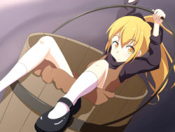 Rule 34 | 1girl, blonde hair, bow, brown dress, bucket, cato (monocatienus), dress, hair bow, in bucket, in container, kurodani yamame, long sleeves, looking at viewer, mary janes, ponytail, shirt, shoes, sitting, solo, touhou, wooden bucket, yellow eyes