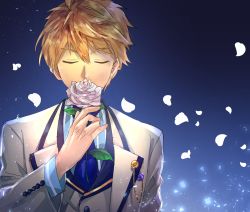 Rule 34 | 1boy, arthur pendragon (fate), blonde hair, closed eyes, fate/prototype, fate (series), flower, highres, male focus, necktie, petals, rose, sagta panggang, shirt, solo, striped clothes, striped shirt, tuxedo, upper body, white flower, white rose
