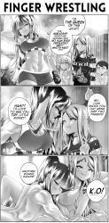 Rule 34 | 2boys, 2girls, 3koma, abs, aftersex, back, bed, bike shorts, blanket, breasts, comic, english text, gloves, greyscale, grs-, gym, highres, large breasts, long hair, monochrome, multiple boys, multiple girls, muscular, muscular female, navel, nipples, nude, original, right-to-left comic, shirt, short hair, sideboob, speech bubble, sports bra, tool (band), yuri