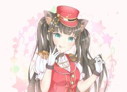 Rule 34 | 1girl, :p, animal ear fluff, animal ears, aqua eyes, black collar, black hair, blunt bangs, blush, cat ears, collar, commentary, epaulettes, female service cap, fortissimo, giselle (gisellechuchu), gloves, hair ornament, hairpin, hands up, hat, kurosawa dia, light blush, long hair, looking at viewer, love live!, love live! sunshine!!, musical note, musical note hair ornament, puffy short sleeves, puffy sleeves, red hat, red vest, ruffling hair, short sleeves, sidelocks, simple background, solo, star (symbol), tongue, tongue out, twintails, upper body, vest, white gloves