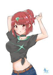 Rule 34 | 1girl, absurdres, adjusting hair, alternate costume, arms up, belt, black shirt, blue fox (aoba), blush, breasts, casual, gem, hair ornament, headpiece, highres, jewelry, large breasts, navel, nintendo, ponytail, pyra (xenoblade), red eyes, red hair, ribbon, shirt, short hair, solo, swept bangs, tiara, xenoblade chronicles (series), xenoblade chronicles 2
