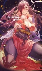 Rule 34 | 1girl, arm blade, breasts, brown eyes, brown hair, cleavage, commission, dagger, embers, eposhim, fire emblem, fire emblem cipher, fire emblem fates, hair over one eye, highres, holding, holding dagger, holding knife, holding weapon, kagero (fire emblem), kneeling, knife, large breasts, long hair, looking at viewer, mature female, ninja, nintendo, official alternate costume, open mouth, pantyhose, pelvic curtain, ponytail, ribbon, simple background, skeb commission, solo, spotlight, tassel, thick thighs, thighs, weapon, white ribbon, wooden floor