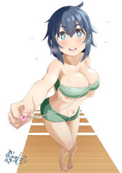 Rule 34 | 1girl, absurdres, bare shoulders, blue eyes, blue hair, blush, breast hold, breasts, cable, cleavage, collarbone, commentary request, crop top, flying sweatdrops, foreshortening, full body, green shorts, highres, holding, holding cable, island lagoon, large breasts, legs, looking at viewer, medium hair, navel, nishihara, open mouth, outstretched arm, short shorts, shorts, signature, simple background, solo, sweat, thighs, ueno-san wa bukiyou, underwear, white background, wooden floor