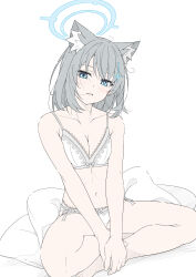 Rule 34 | 1girl, absurdres, animal ears, blue archive, blue eyes, blue halo, blush, bra, grey hair, hair ornament, hairclip, halo, highres, looking at viewer, masabodo, medium hair, open mouth, panties, pillow, shiroko (blue archive), sitting, solo, underwear, white background, white bra, white panties, wolf ears, wolf girl