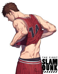 Rule 34 | 1boy, bare shoulders, basketball jersey, basketball uniform, biceps, brown hair, clothes lift, commentary request, copyright name, cowboy shot, facing away, highres, jersey, korean commentary, leviejzn, lifting own clothes, looking down, male focus, mitsui hisashi, red shirt, red shorts, shirt, shirt lift, short hair, shorts, shoulder blades, signature, simple background, slam dunk (series), sleeveless, sleeveless shirt, solo, sportswear, standing, sweat, toned, toned male, white background