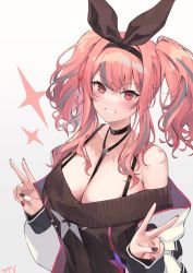 Rule 34 | 1girl, azur lane, black choker, breasts, bremerton (azur lane), bremerton (day-off date) (azur lane), choker, double v, hair ribbon, hairband, hands up, highres, large breasts, looking at viewer, nys, off shoulder, official alternate costume, parted lips, pink hair, red eyes, ribbon, short hair with long locks, simple background, smile, solo, sweater, twintails, upper body, v, white background