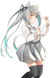 Rule 34 | 1girl, animal ear fluff, animal ears, black ribbon, black thighhighs, blush, breasts, brown eyes, cat ears, cat girl, cat tail, closed mouth, collared shirt, comah, commentary request, dress shirt, grey hair, grey skirt, hair ribbon, hands up, highres, kantai collection, kasumi (kancolle), kemonomimi mode, long hair, long sleeves, pleated skirt, puffy long sleeves, puffy sleeves, ribbon, shirt, side ponytail, simple background, skirt, small breasts, solo, suspender skirt, suspenders, tail, thighhighs, very long hair, white background, white shirt