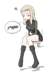 Rule 34 | 1girl, bags under eyes, black footwear, black skirt, black vest, blonde hair, blue eyes, boots, check translation, clara (girls und panzer), closed mouth, commentary, cyrillic, frown, girls und panzer, green jacket, guropara, half-closed eyes, hands on stomach, invisible chair, jacket, long hair, long sleeves, looking to the side, military, military uniform, miniskirt, pleated skirt, pravda military uniform, red shirt, russian text, shirt, shout lines, sitting, skirt, solo, squiggle, sweat, translated, translation request, turtleneck, uniform, vest