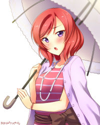 Rule 34 | 10s, 1girl, :o, blush, bracelet, casual, dated, highres, jewelry, looking at viewer, love live!, love live! school idol festival, love live! school idol project, necklace, nishikino maki, purple eyes, red hair, short hair, simple background, solo, umbrella, upper body, white background, yu-ta
