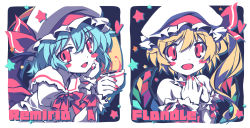 Rule 34 | 2girls, :d, asymmetrical hair, bat wings, blonde hair, blue hair, blush stickers, bow, bowtie, character name, collared shirt, commentary, crystal, cup, fingernails, flandre scarlet, frilled shirt collar, frills, hair between eyes, hand on own cheek, hand on own face, hat, hat ribbon, head rest, heart, highres, holding, holding cup, looking at viewer, lumine (2339), medium hair, mob cap, multiple girls, nail polish, one side up, open mouth, own hands together, red bow, red bowtie, red eyes, red nails, red ribbon, red vest, remilia scarlet, ribbon, shirt, short hair, siblings, sisters, smile, star (symbol), teacup, touhou, upper body, vest, white headwear, white shirt, wings, wrist cuffs